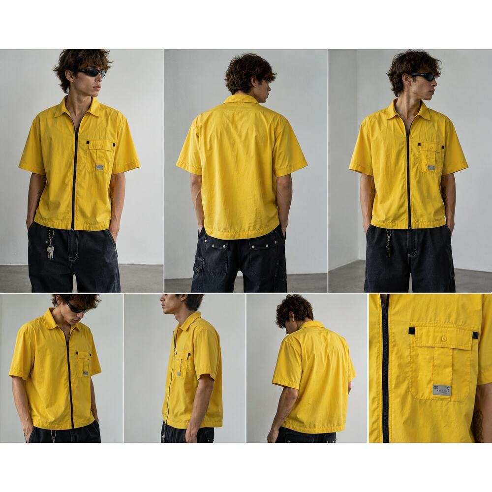 Vintage No Fear Utility Zip Shirt Yellow Y2K Gorpcore Techwear Large